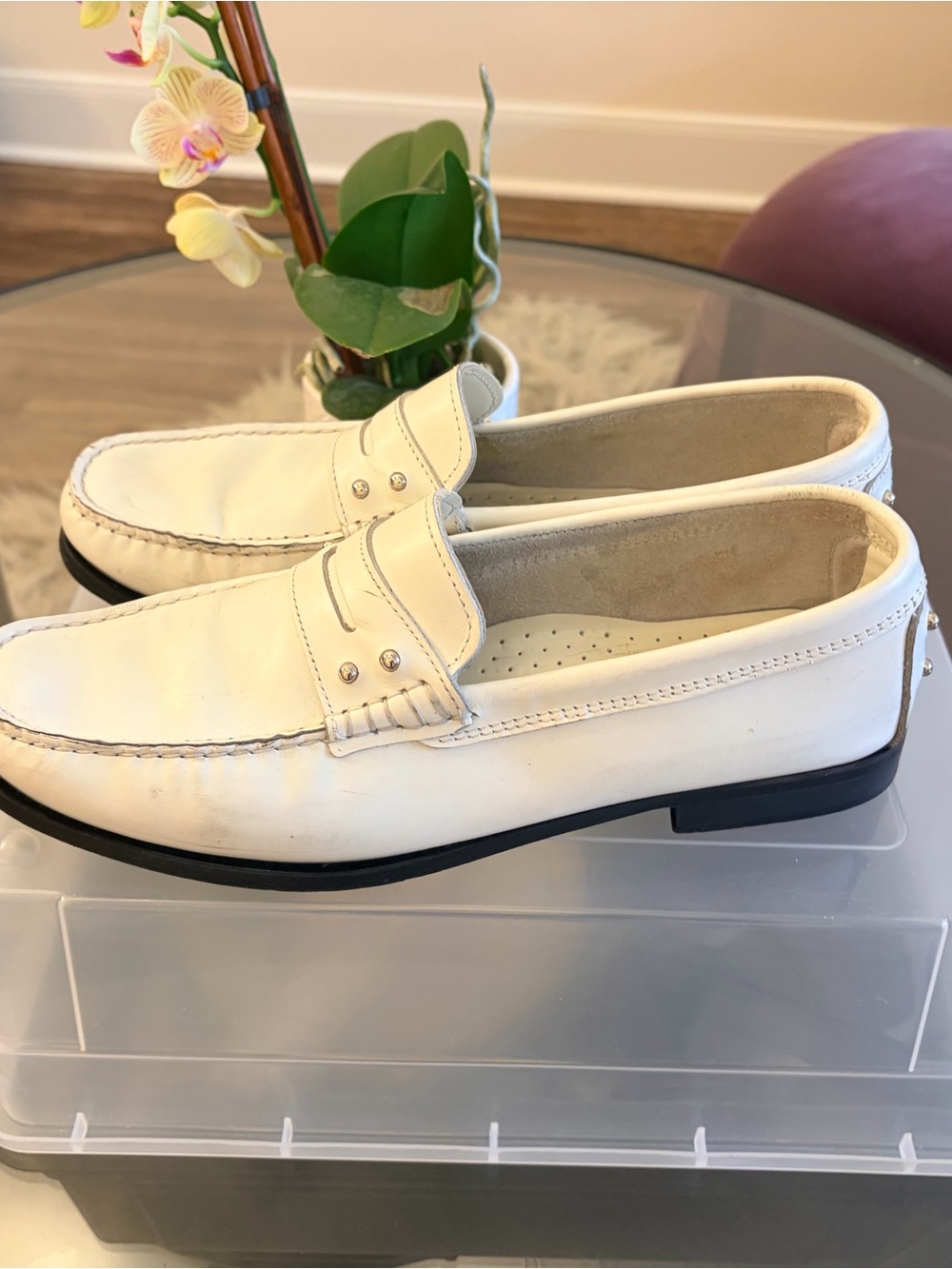 White Leather Slip-On Loafers W 8.5